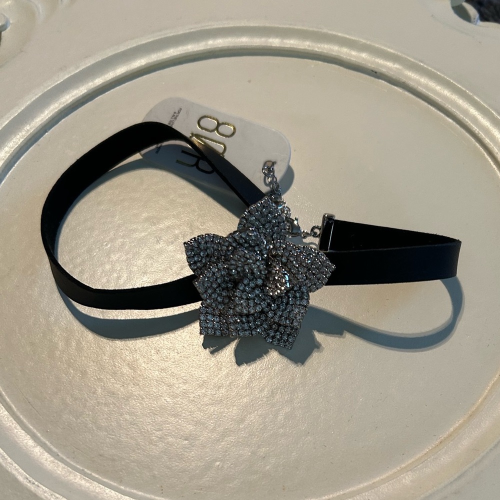 Black and Rhinestone Floral Choker